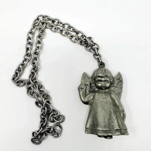 Eisenberg Puffy Angel Pendant Necklace 20" Silver Tone Statement Piece